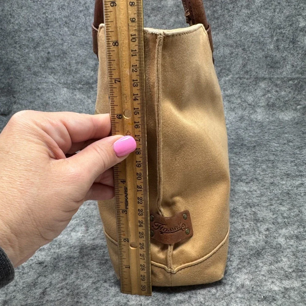 Fossil Canvas Handbag Leather Trim Circle Ring Handles Boho Hobo Wood Key